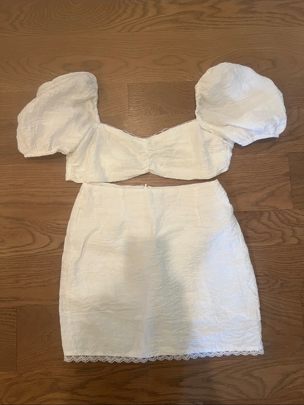 Edikted White Puff Sleeve Crop Top & Mini Skirt Set